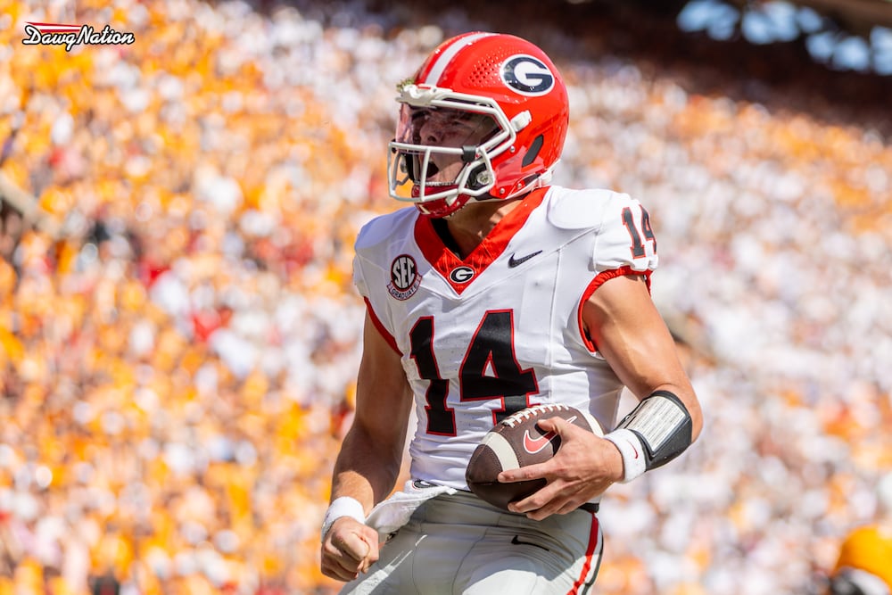 Quarterback Gunner Stockton celebrates Georgia's wild 44-41 comeback overtime win against Tennessee on Saturday, Sept. 13, 2025, in Knoxville, Tenn. (Jeff Sentell/ DawgNation)