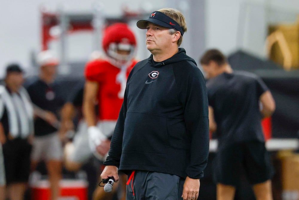 Georgia coach Kirby Smart watches his team during the first fall football practice Wednesday, Aug. 5, 2026, at the practice facility in Athens. (Miguel Martinez/AJC)