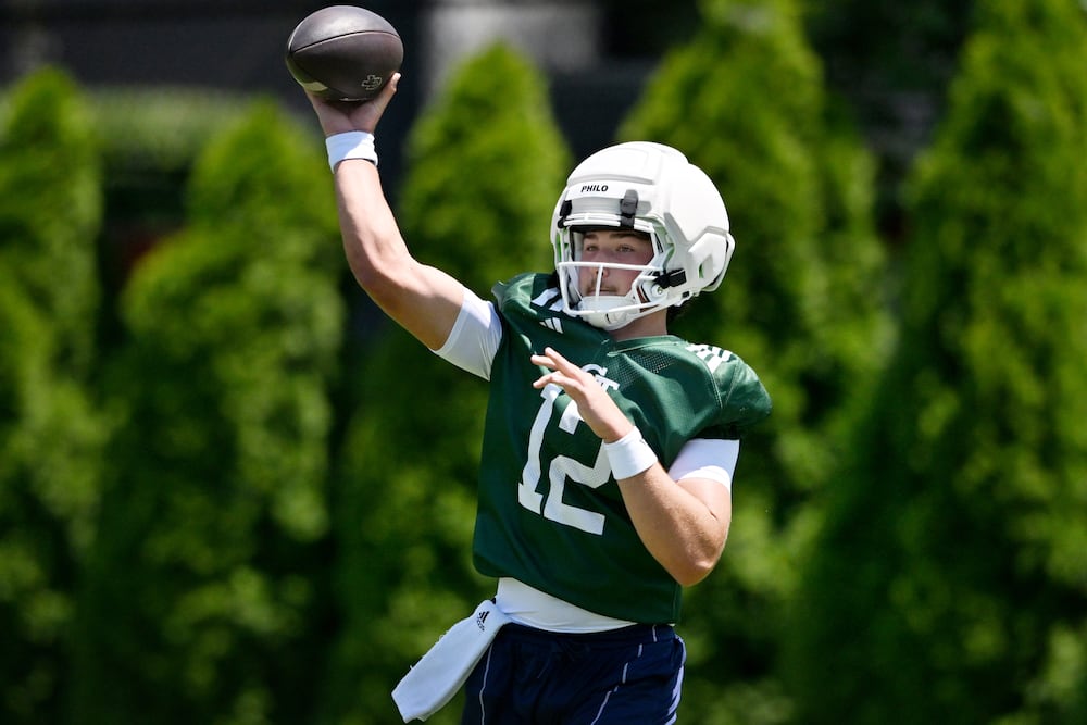 Georgia Tech quarterback Aaron Philo participates in the first day of football practice in July 2025 in Atlanta. (Hyosub Shin/AJC)