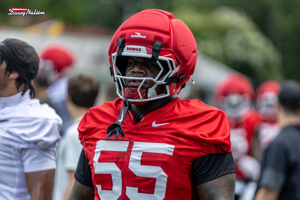 Freshman offensive lineman Zykie Helton scans the action during the first day of Georgia's fall camp Wednesday, Aug. 5, 2026, in Athens. (Jeff Sentell/DawgNation)