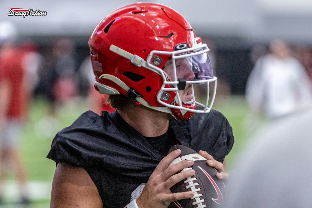 Georgia backup quarterback Ryan Puglisi prepares to throw a pass during the first day of fall camp on Wednesday, Aug. 5, 2026, in Athens. (Jeff Sentell/DawgNation)