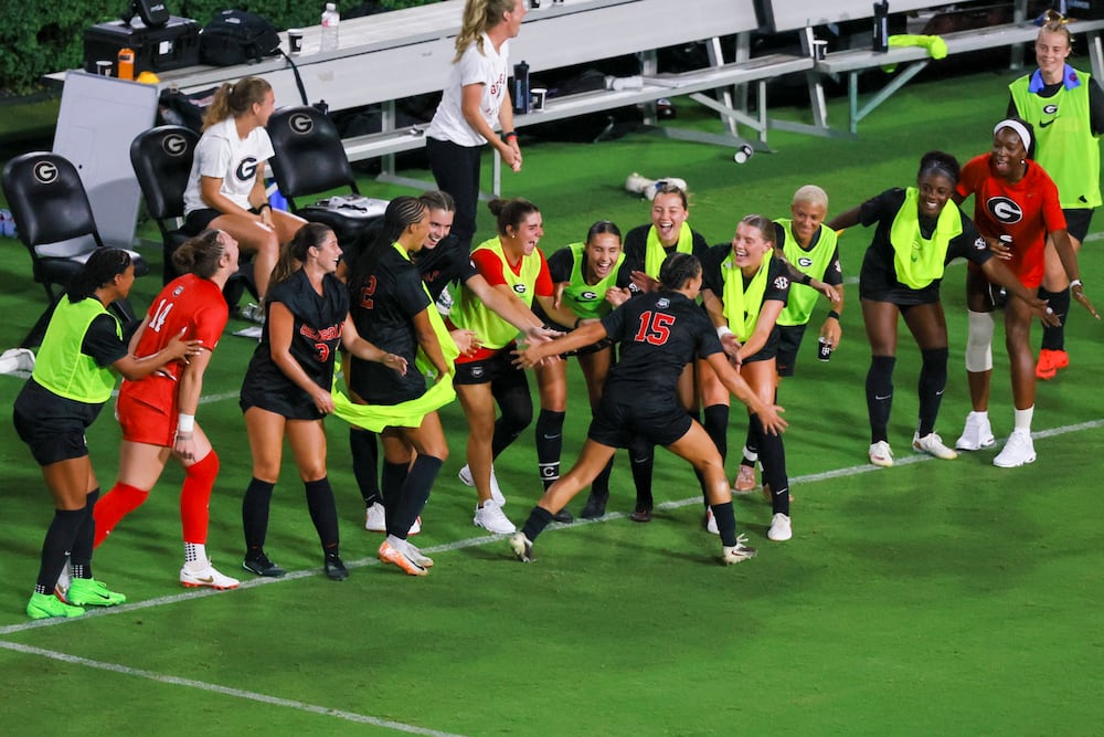Georgia midfielder Leila Avila celebrates her goal with teammates during their "Soccer in Sanford" match against James Madison on Thursday, Aug. 20, 2026, in Athens. (Jason Getz/AJC)