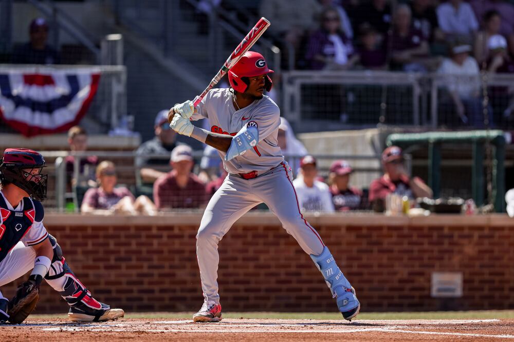 Georgia's Tre Phelps readies to swing during their game against Texas A&M at Blue Bell Park in College Station, Texas, on Sunday, March 22, 2026. (Conor Dillon/UGAAA)