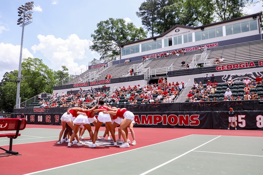 A photo from the University of Georgia's match against Florida A&M in the first round of the 2025 NCAA DI women's tennis championship at the Dan Magill Tennis Complex in Athens. (Sofia Yaker/UGAAA)