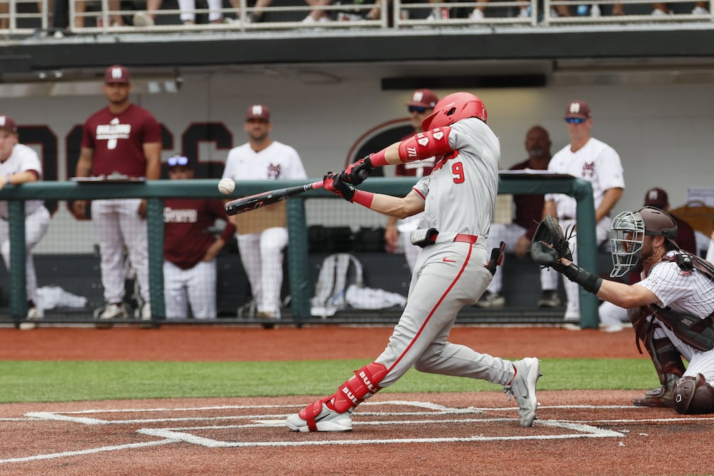 Georgia infielder Kolby Branch hits a solo home run during Game 2 of their NCAA Super Regional against Mississippi State at Foley Field on Sunday, June 7, 2026, in Athens. (Miguel Martinez/AJC)