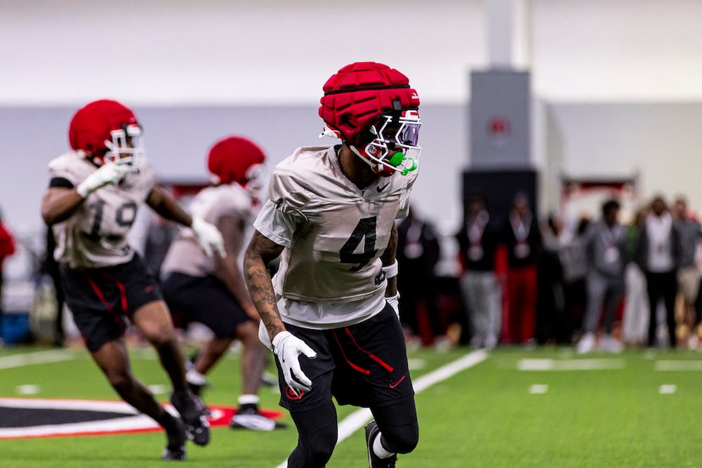 Georgia defensive back KJ Bolden runs drills during a practice session on Tuesday, March 17, 2026, in Athens. (Jackson Collier/UGAAA)