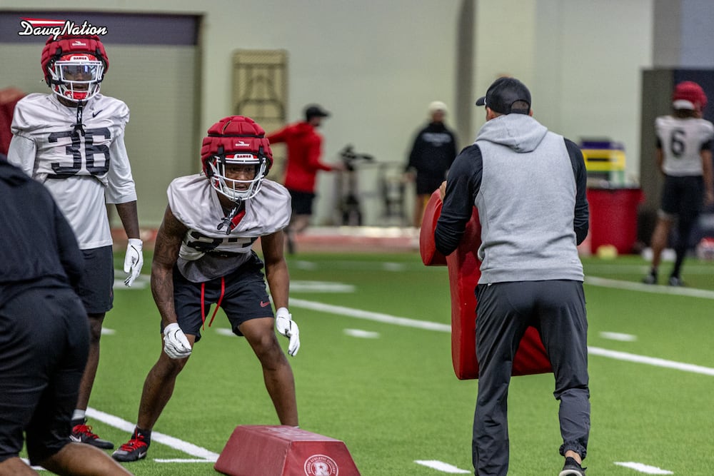 Georgia freshman DB Tyriq Green gets set up during the first day of fall camp. (Jeff Sentell/DawgNation)