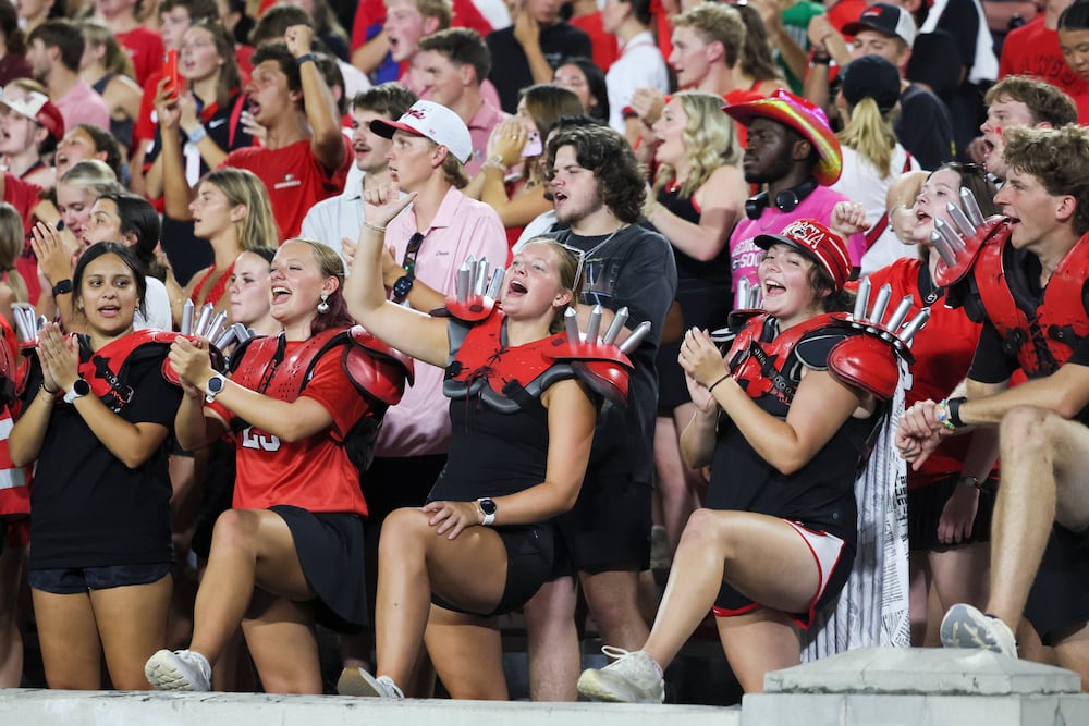 Members of the UGA Spike Squad cheer during Georgia's "Soccer in Sanford" match against James Madison on Thursday, Aug. 20, 2026, in Athens. (Jason Getz/AJC)