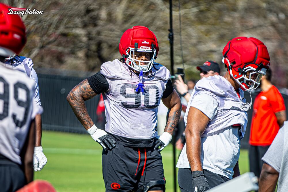 Elijah Griffin (90) takes part in the second day of spring practice in Athens, Georgia, on Thursday, March 19, 2026. (DawgNation staff photo)