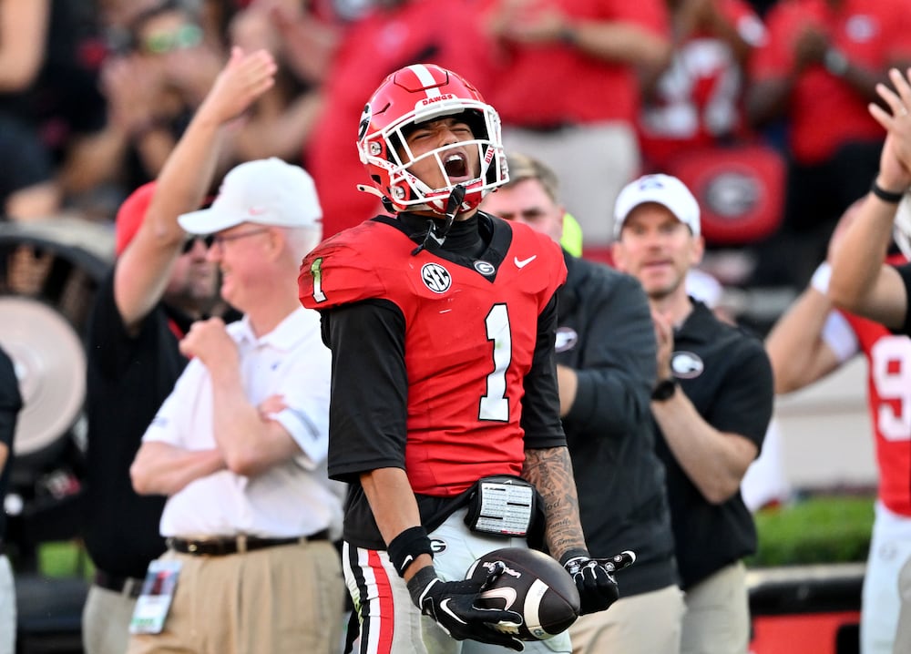 Georgia wide receiver Talyn Taylor shouts after making a one-handed catch during a game at Sanford Stadium on Saturday, Sept. 26, 2026, in Athens. Georgia defeated Oklahoma 41-13. (Hyosub Shin/AJC)