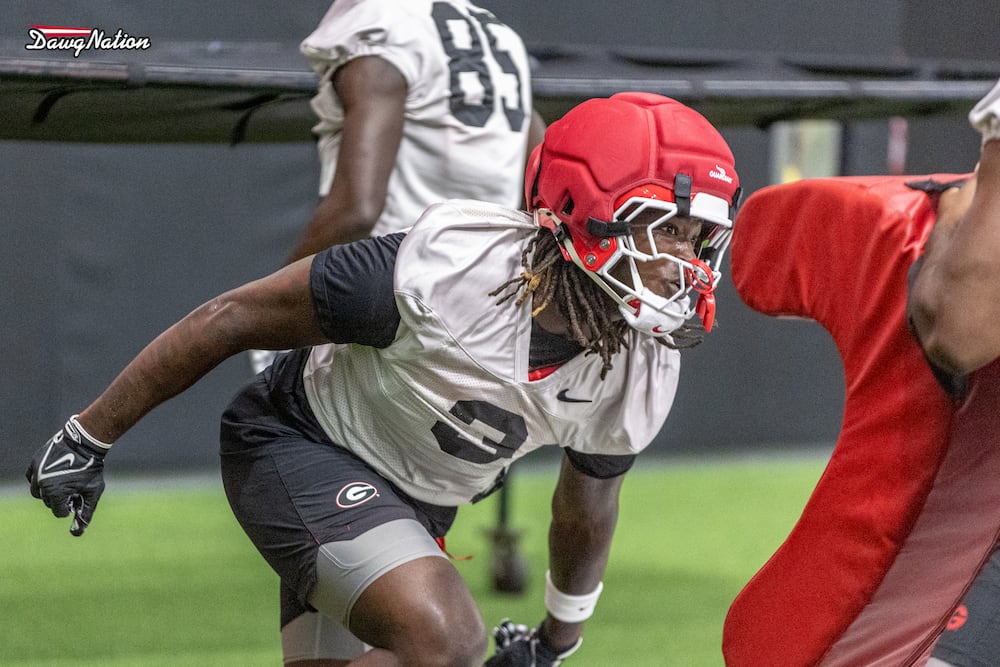 Georgia offensive linebacker Quintavius Johnson fires out of his stance during the first day of fall camp practices on Wednesday, Aug. 5, 2026, in Athens. (Jeff Sentell/DawgNation)